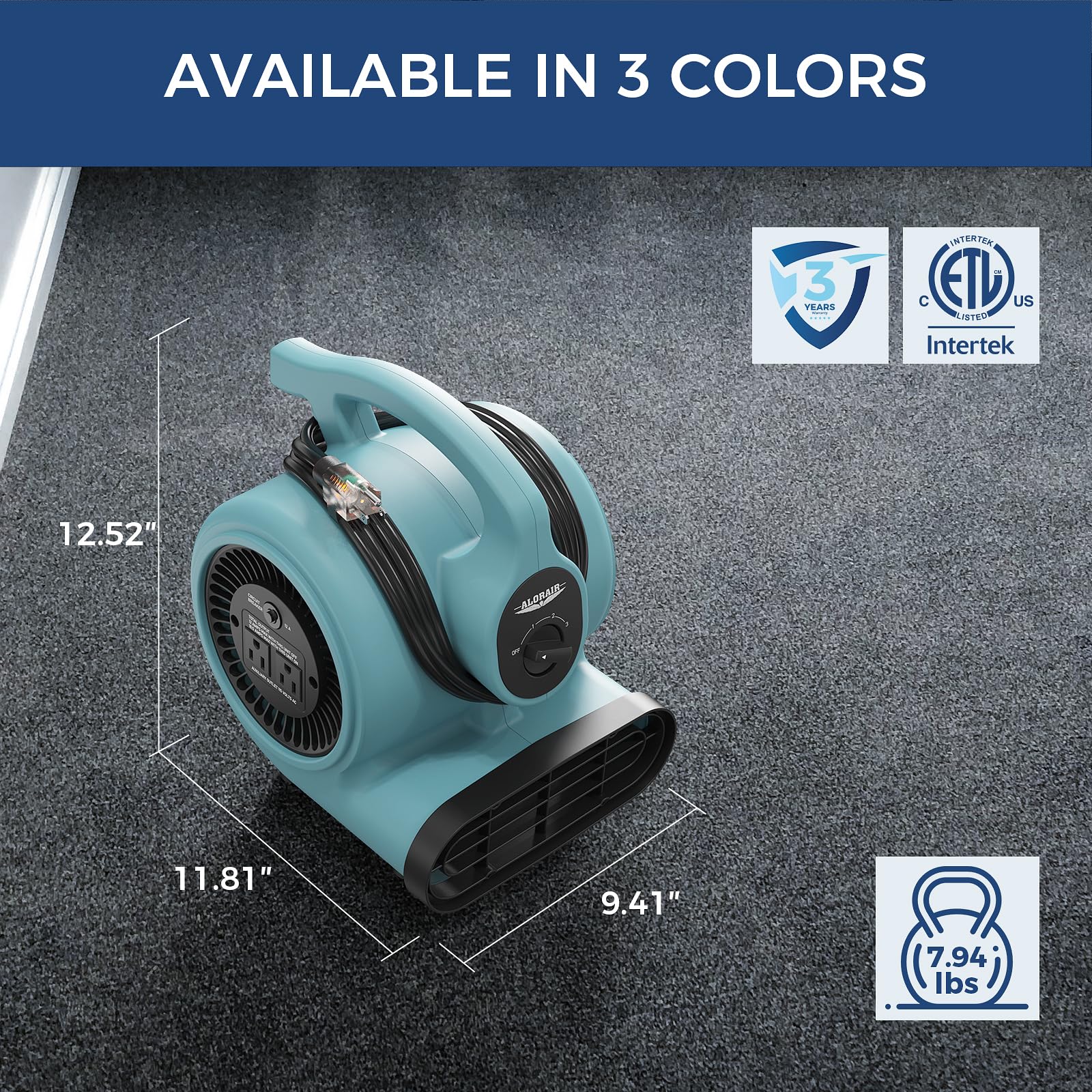 ALORAIR (2024 New) 600 CFM Air Mover Blower Fan for Industrial, Workshop, and Home Use - 3 Speeds, 5 Adjustable Angles and Daisy Chain - Ideal for Water Damage Restoration and Plumbing - GF600A Blue