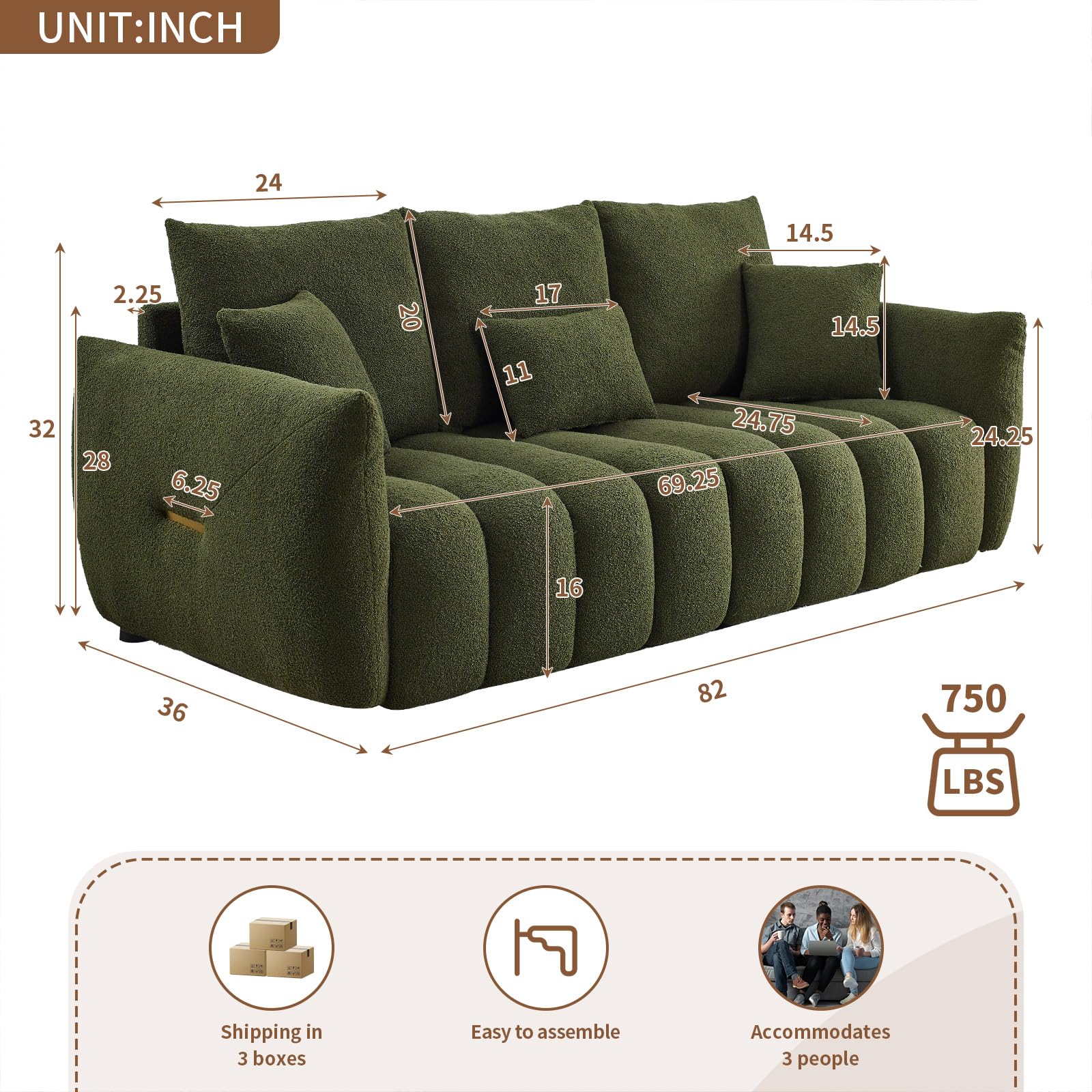 Antetek 82" Modern Sofa Couch, Comfy Deep Seat Teddy Cloud Sofa, Upholstered 3-Seater Boucle Couch, Oversized Loveseat for Living Room, Bedroom, Office, Apartment, Green