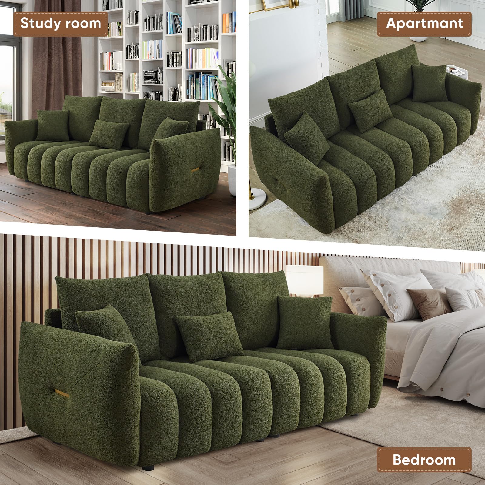 Antetek 82" Modern Sofa Couch, Comfy Deep Seat Teddy Cloud Sofa, Upholstered 3-Seater Boucle Couch, Oversized Loveseat for Living Room, Bedroom, Office, Apartment, Green