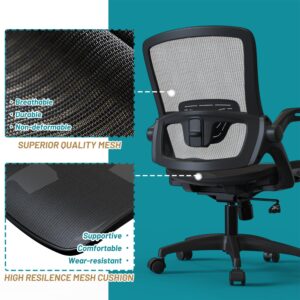 Ergonomic Mesh Office Chair Comfy Swivel Black Home Desk Chair Comfortable Modern Computer Chair Flip Up Arms with Lumbar Support Task Chair with Wheels Office Desk Chair Adjustable Height