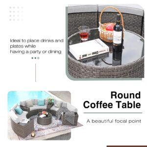 SUNSITT Outdoor Patio Furniture 11-Piece Half-Moon Sectional Round Patio Furniture Set Curved Outdoor Sofa with Tempered Glass Round Coffee Table, 4 Pillows, Grey Rattan & Light Grey Cushion