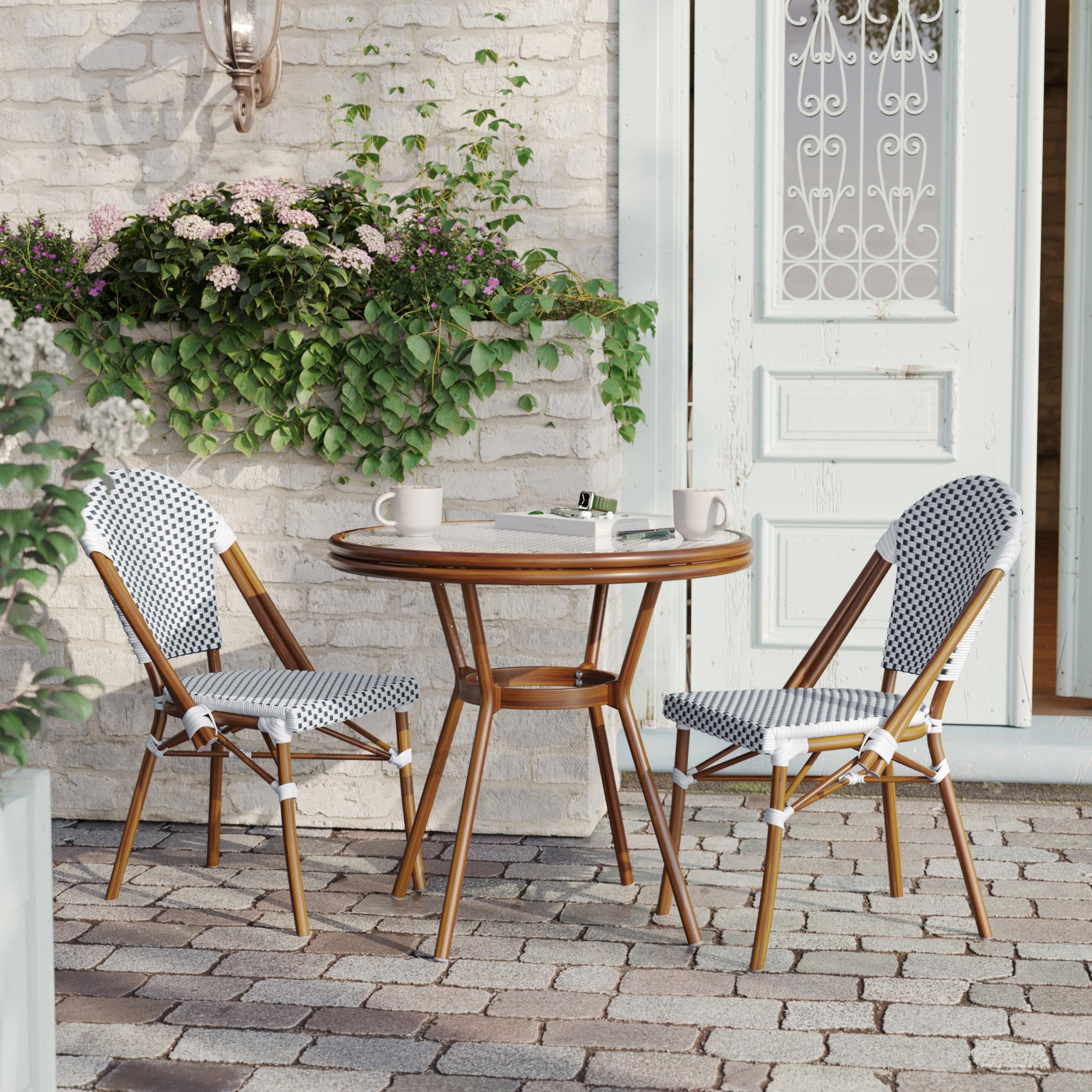 Flash Furniture Lourdes Indoor/Outdoor Commercial Bistro Table - Tempered Glass Top - PE Rattan - Natural Bamboo Print Aluminum Frame - 31.5" - White/Navy