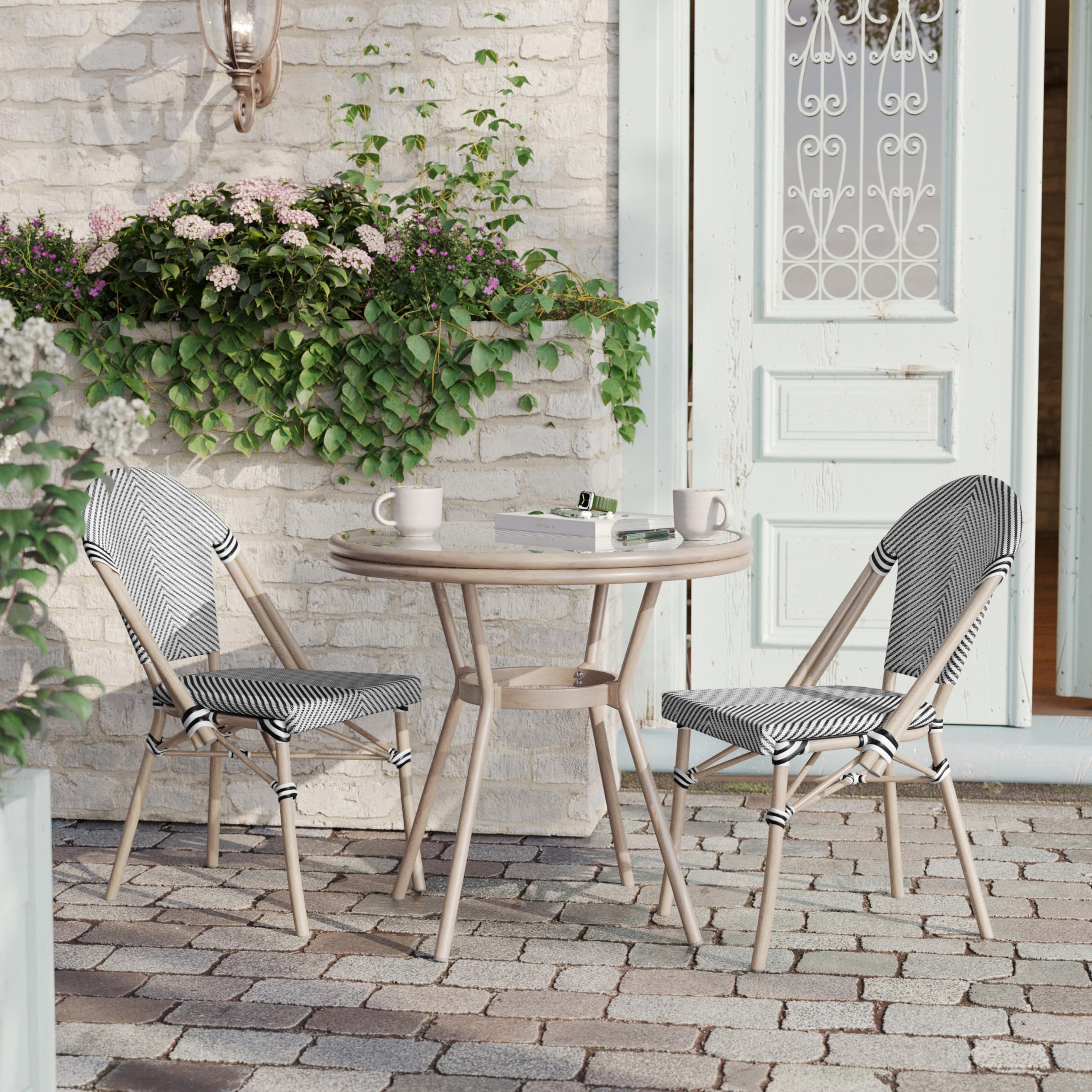 Flash Furniture Marseille Indoor/Outdoor Commercial Bistro Table - Tempered Glass Top - Textilene Fabric - Lt NAT Bamboo Print Aluminum Frame - 31.5" - Blk/Wht