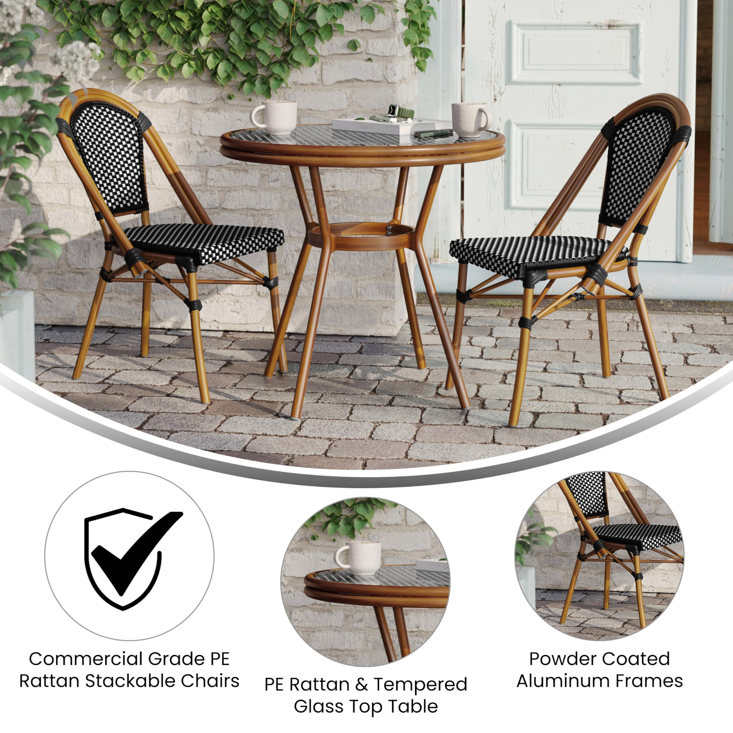 Flash Furniture Bordeaux Indoor/Outdoor Commercial Bistro Set - Tempered Glass Top Table - 2 Chairs - PE Rattan - NAT Bamboo Print Aluminum Frame - Black/White