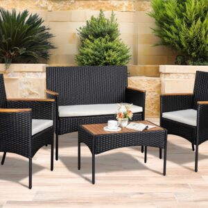 JAMFLY Patio Furniture Set 4 Piece Conversation Set Outdoor Wicker Rattan Chairs Backyard Pool Garden Porch Balcony Patio Loveseat with Cushions and Table, Black/Beige