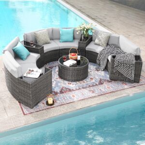 sunsitt outdoor patio furniture 11-piece half-moon sectional round patio furniture set curved outdoor sofa with tempered glass round coffee table, 4 pillows, grey rattan & light grey cushion