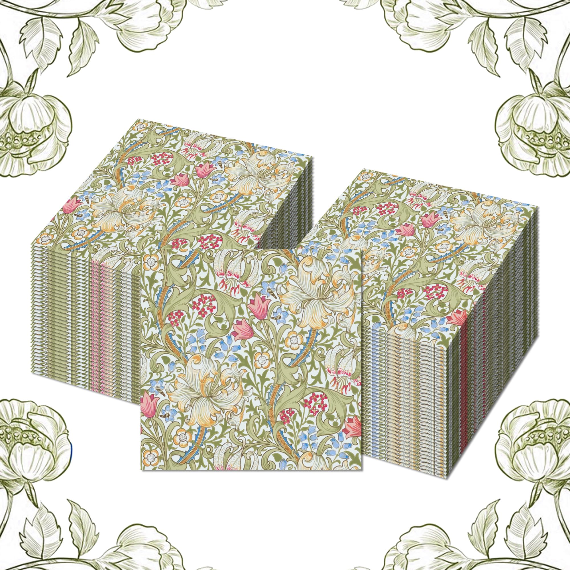 Bolsome 100Pcs William Morris Paper Napkins Vintage Flowers Cocktail Napkins Disposable Green Gold Wildflowers Luncheon Hand Napkins for Wedding Bridal Shower Dinner Tableware Supplies