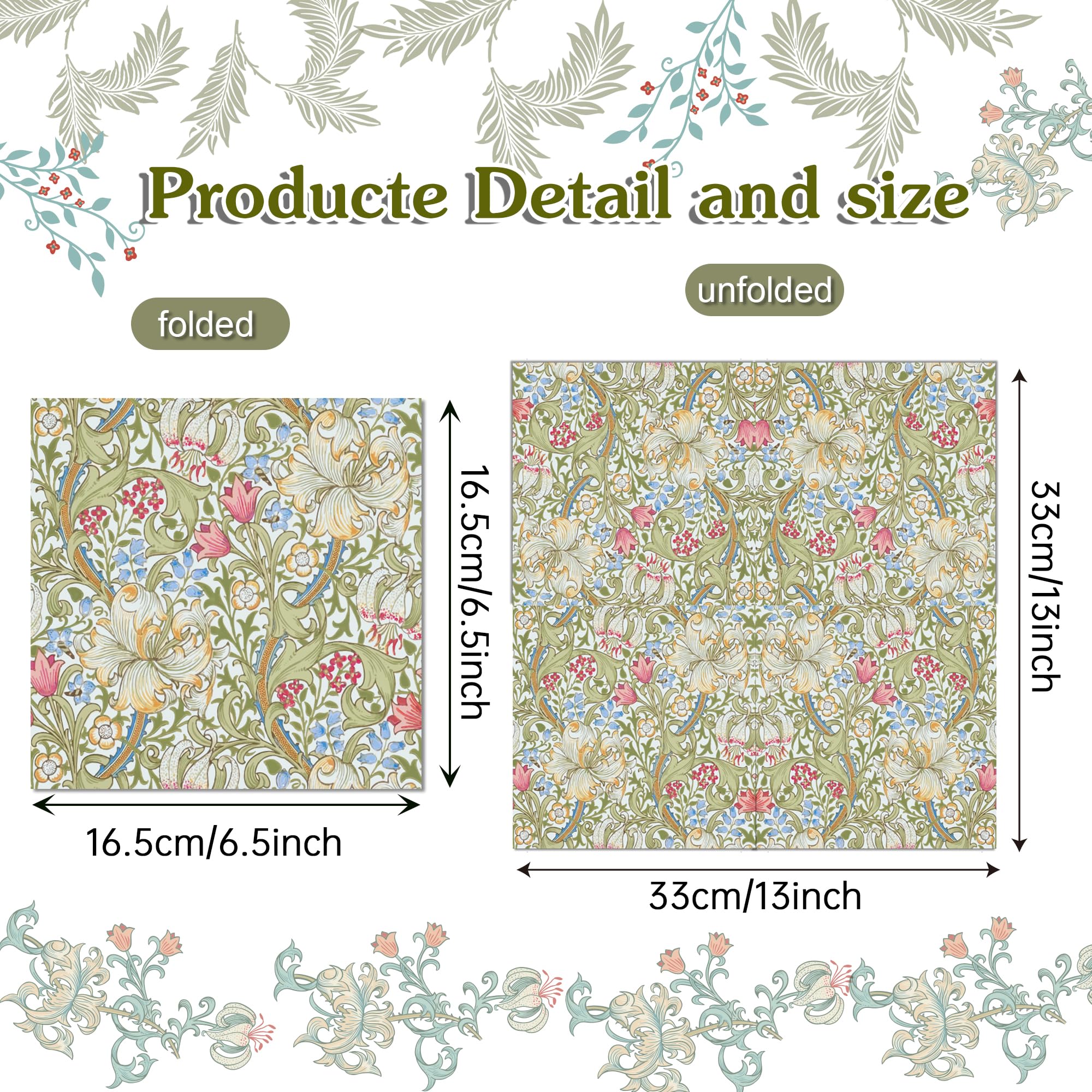 Bolsome 100Pcs William Morris Paper Napkins Vintage Flowers Cocktail Napkins Disposable Green Gold Wildflowers Luncheon Hand Napkins for Wedding Bridal Shower Dinner Tableware Supplies