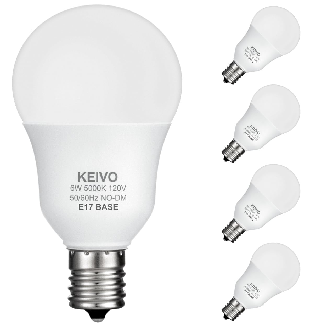 KEIVO E17 Intermediate Base LED Light Bulbs, 6W(60 Watt Equivalent), Daylight 5000K, 600lm, G14 LED Bulb for Ceiling Fan, Non-Dimmable, Pack of 4