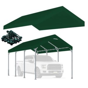 rutile 10 x 20 ft carport replacement cover, heavy duty car tarp canopy tent replacement top w/ball bungees green (only top cover, frame is not included)