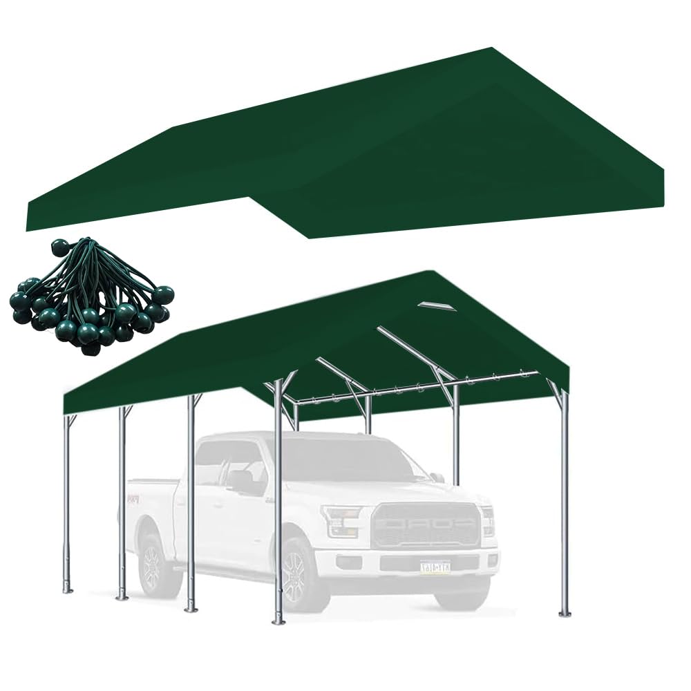 Rutile 10 x 20 FT Carport Replacement Cover, Heavy Duty Car Tarp Canopy Tent Replacement Top w/Ball Bungees Green (Only Top Cover, Frame is not Included)