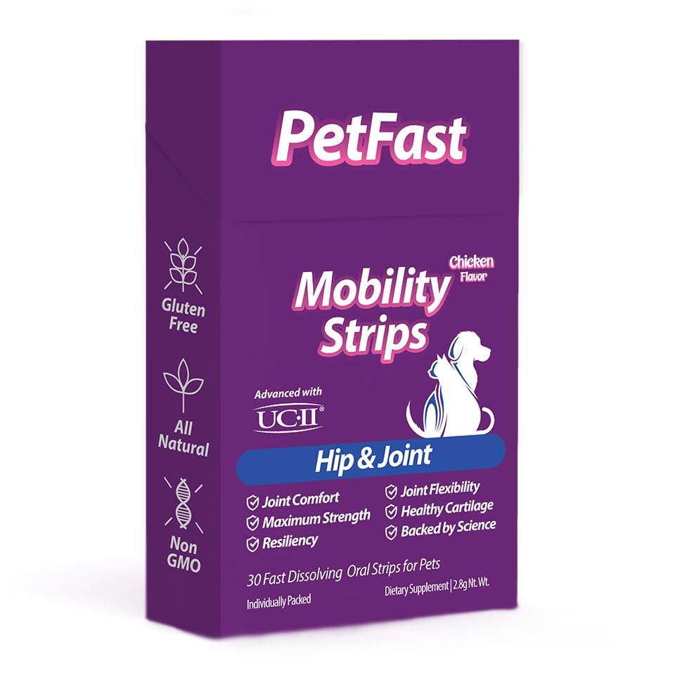 PETFAST Mobility Strips for Hip & Joint - Fast-Acting Oral Supplement with UC-II® for Dogs and Cats - Joint Health Support with Boswellia, Choline, Vitamin E & D3 - Fast Dissolving Strips