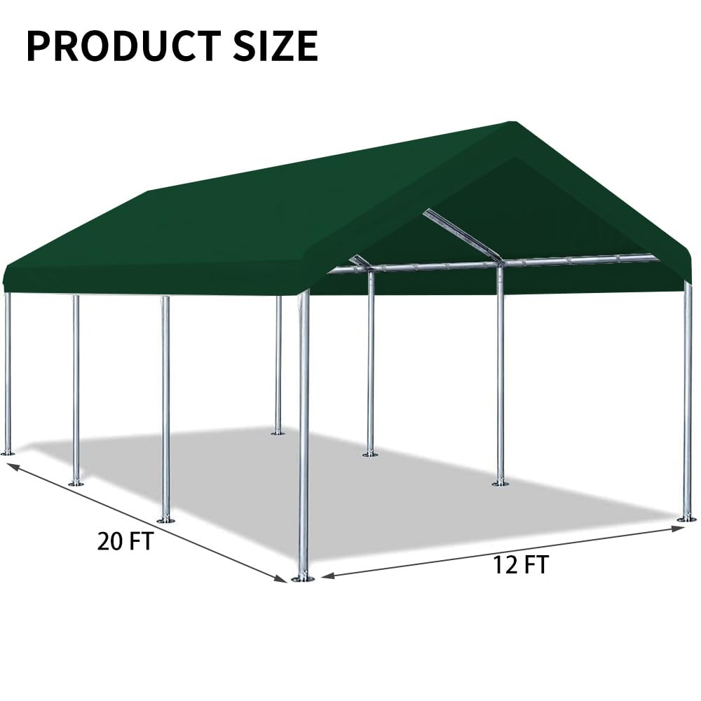 Rutile 10 x 20 FT Carport Replacement Cover, Heavy Duty Car Tarp Canopy Tent Replacement Top w/Ball Bungees Green (Only Top Cover, Frame is not Included)