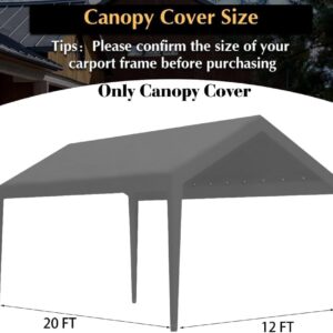 Rutile 12 x 20 FT Carport Replacement Cover, Heavy Duty Car Tarp Canopy Tent Garage Top Shelter Cover with Fabric Leg Pole Skirts and Ball Bungees Gray (Only Top Cover, Frame is not Included)