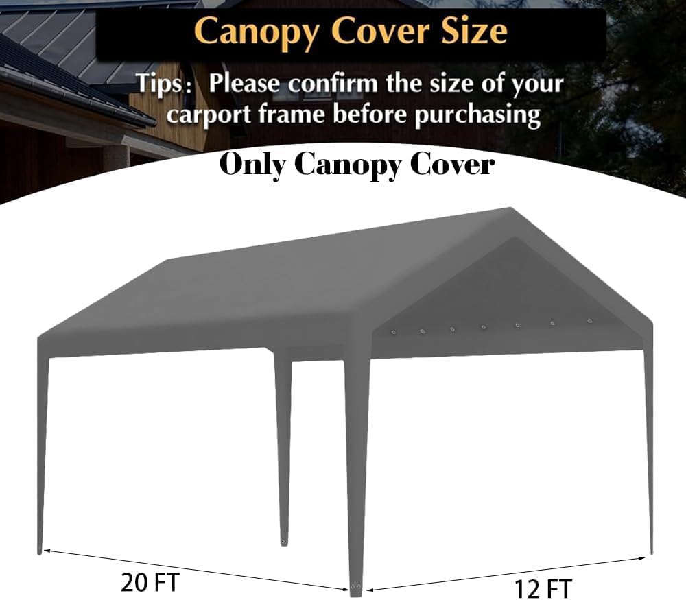 Rutile 12 x 20 FT Carport Replacement Cover, Heavy Duty Car Tarp Canopy Tent Garage Top Shelter Cover with Fabric Leg Pole Skirts and Ball Bungees Gray (Only Top Cover, Frame is not Included)