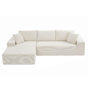 DEINPPA Modern Minimalist Style Modular Sofa Couch with Pillows and Back Support, Deep Sectional Sofa Furniture Set, 4-Seater Corduroy L-Shaped Sofa-Beige (Left Facing Chaise)