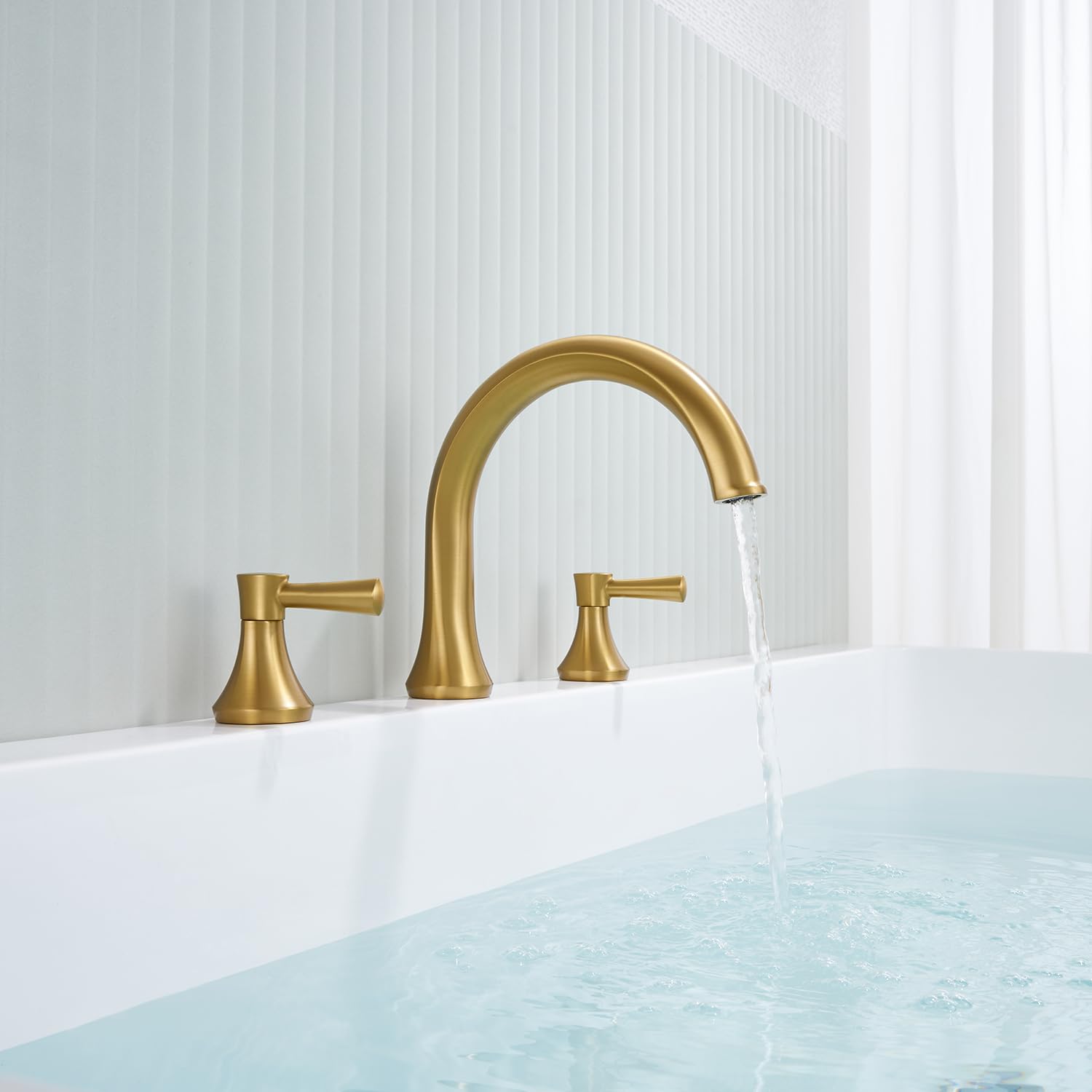 Wowkk Roman Tub Faucet Deck Mount Tub Filler 2 Handles Brushed Gold Bathtub Faucets Brass Bathroom Faucet