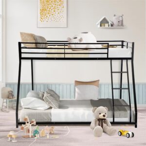 Twin Over Full Size Bunk Bed, Heavy Duty Metal Bunk Bed Frame with Inclined Ladder, Low Floor Bunk Bed for Teens Adults Dorm Bedroom Guest Room, Space Saving & Noise Free, No Box Spring Needed, Black