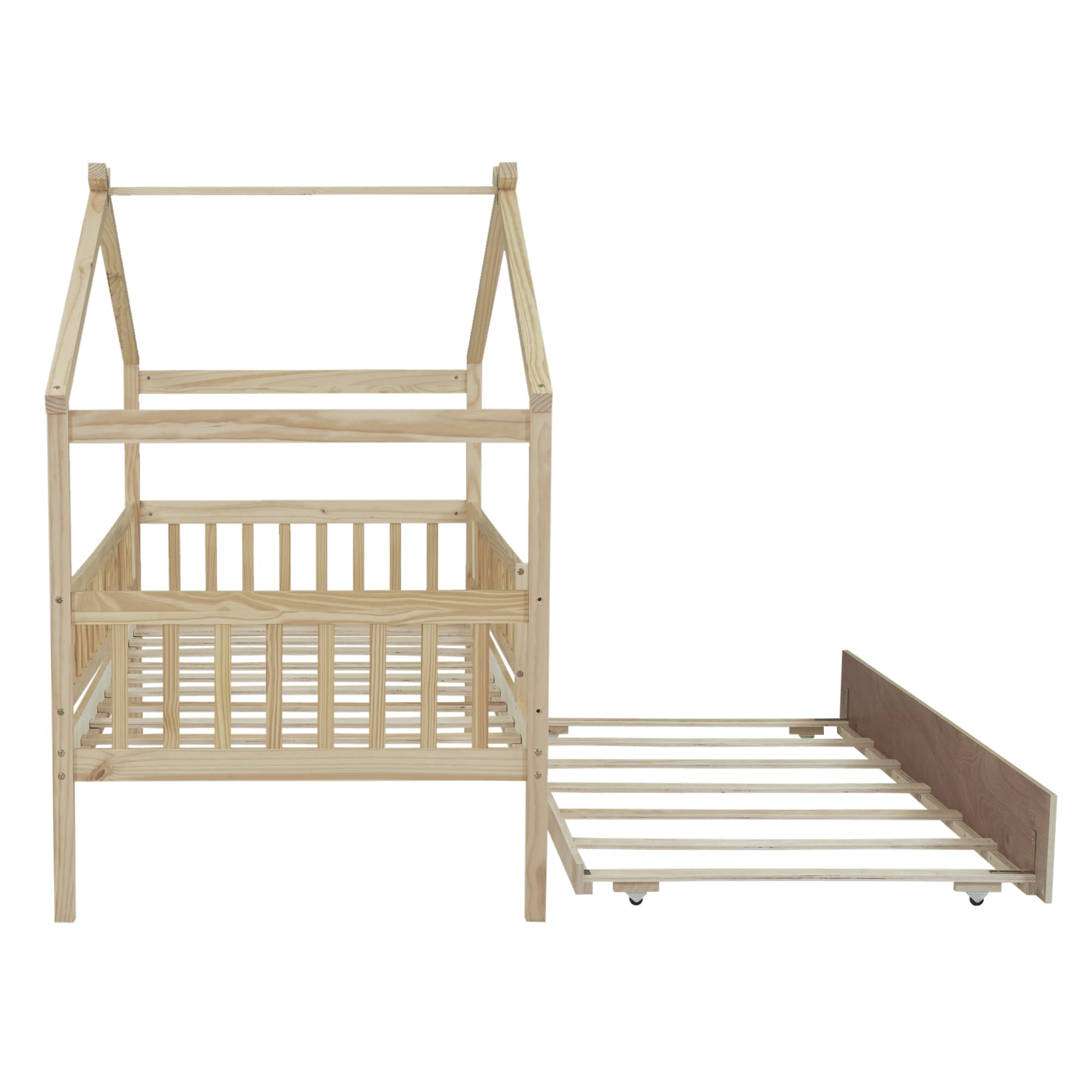 Twin Size House Bed with Trundle, Wooden Playhouse Kids Bed Frame with Roof and Fence, Montessori Style Bed with Guardrails for Kids, Teens, Boys, Girls, Natural.