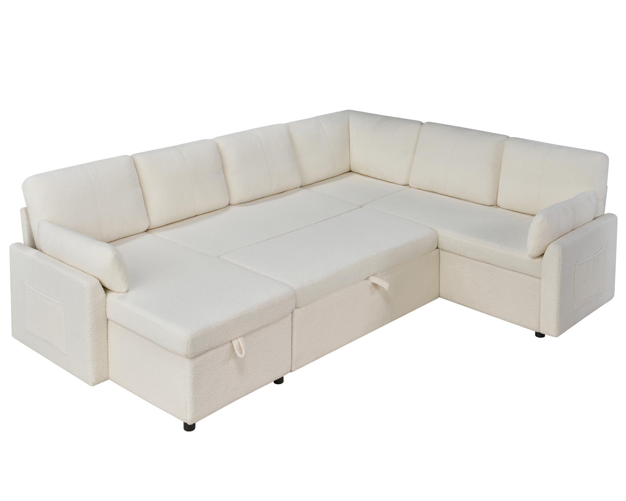 VanAcc Sleeper Sofa, 112 Inch Pull Out Sofa Bed with Storage Chaise & 3 Seater, Oversized U Shape Sectional Couch with Pull Out Bed, White Boucle Couch