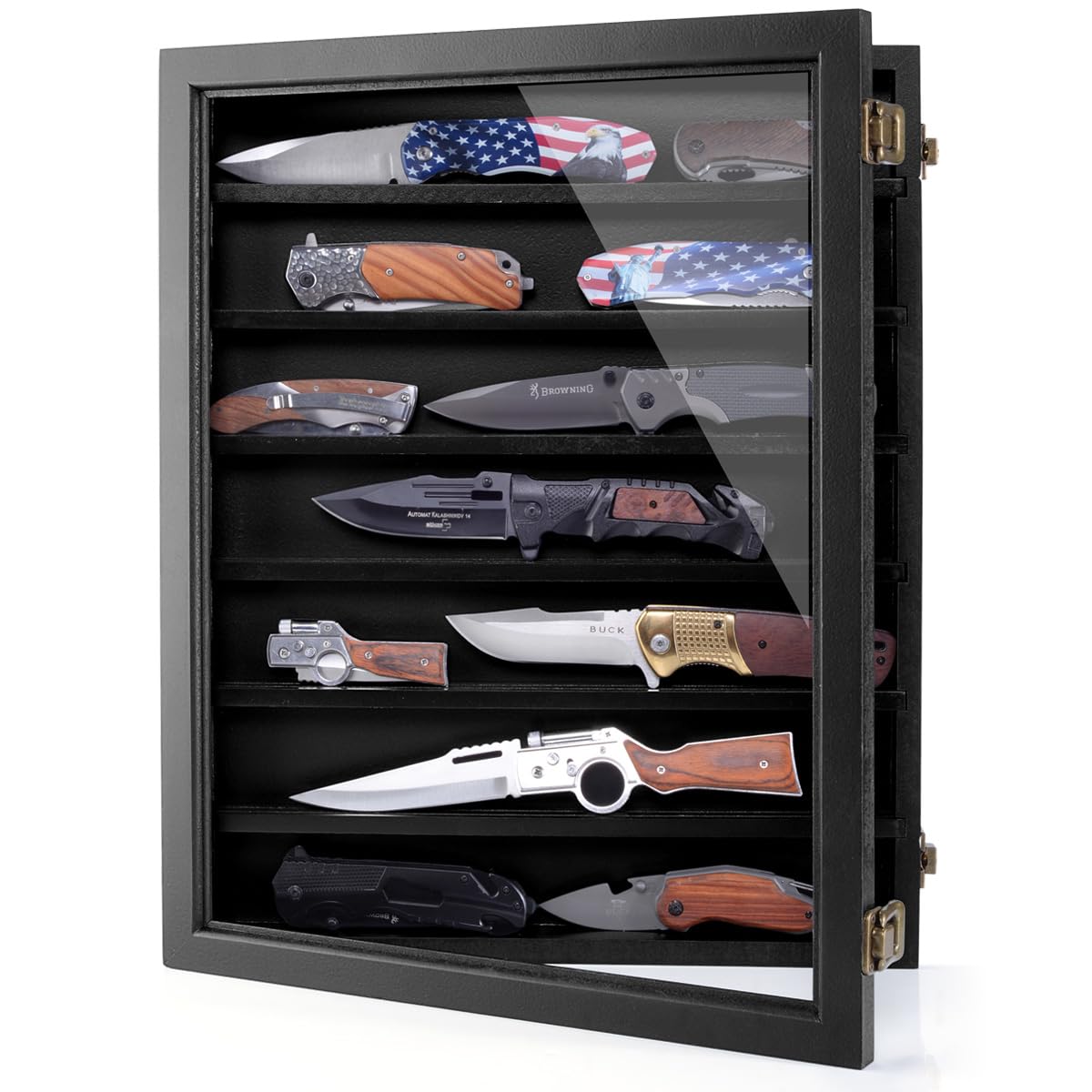 ULTRGEE Pocket Knife Display Case, Knife Collection Display Shadow Box for Wall Military Folding Knife Showcase Display Cabinet with Acrylic Panel and Removable Dual Recessed Shelves