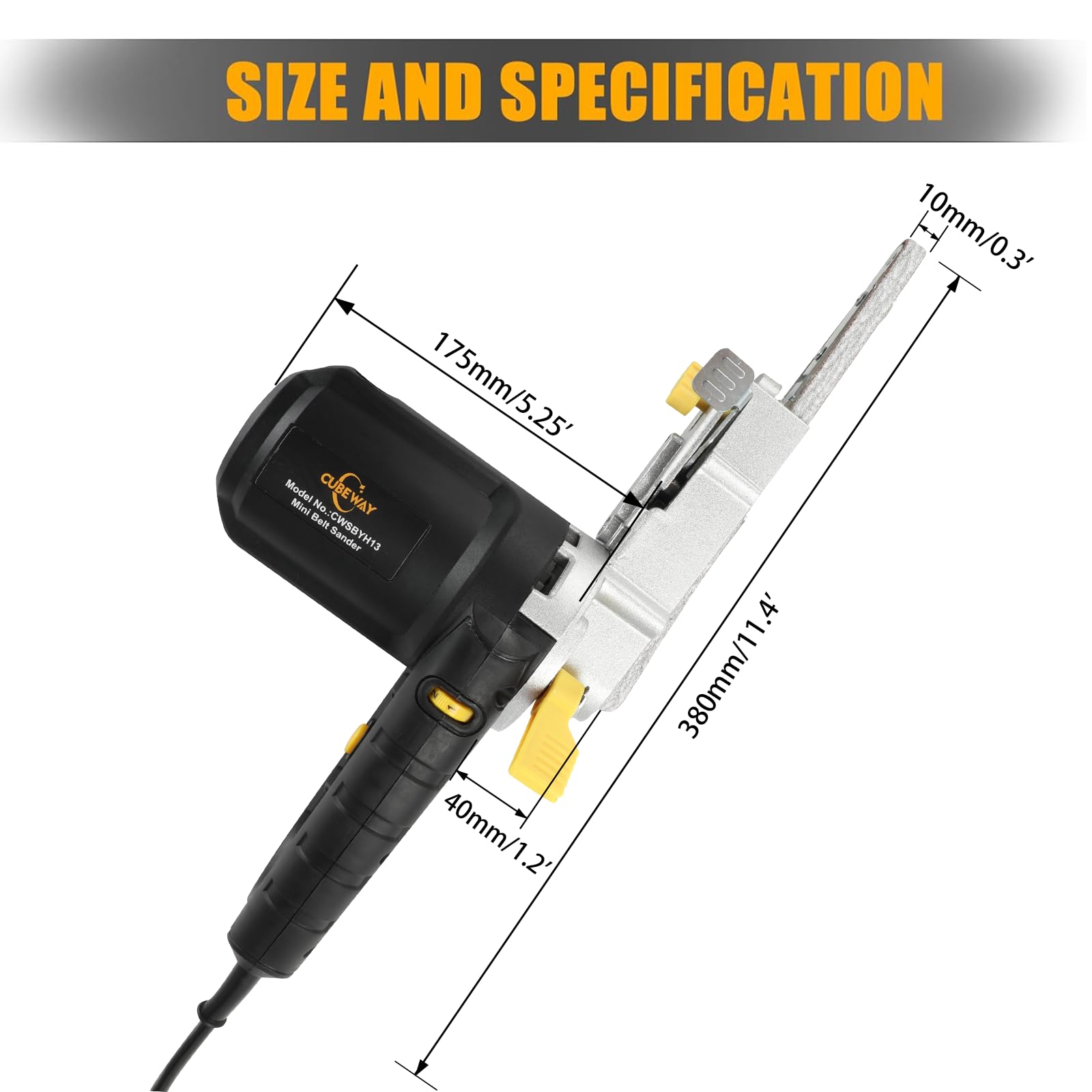 CUBEWAY Electric Mini Belt Sander, Belt Grinder 400W with 300-1700RPM Variable Speed Detailing File Sander with 2 Threads (3/8" x 18" and 1/2" x 18") and 6 Sanding Belts for wood, metal, and plastics