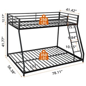 Twin Over Full Size Bunk Bed, Heavy Duty Metal Bunk Bed Frame with Inclined Ladder, Low Floor Bunk Bed for Teens Adults Dorm Bedroom Guest Room, Space Saving & Noise Free, No Box Spring Needed, Black