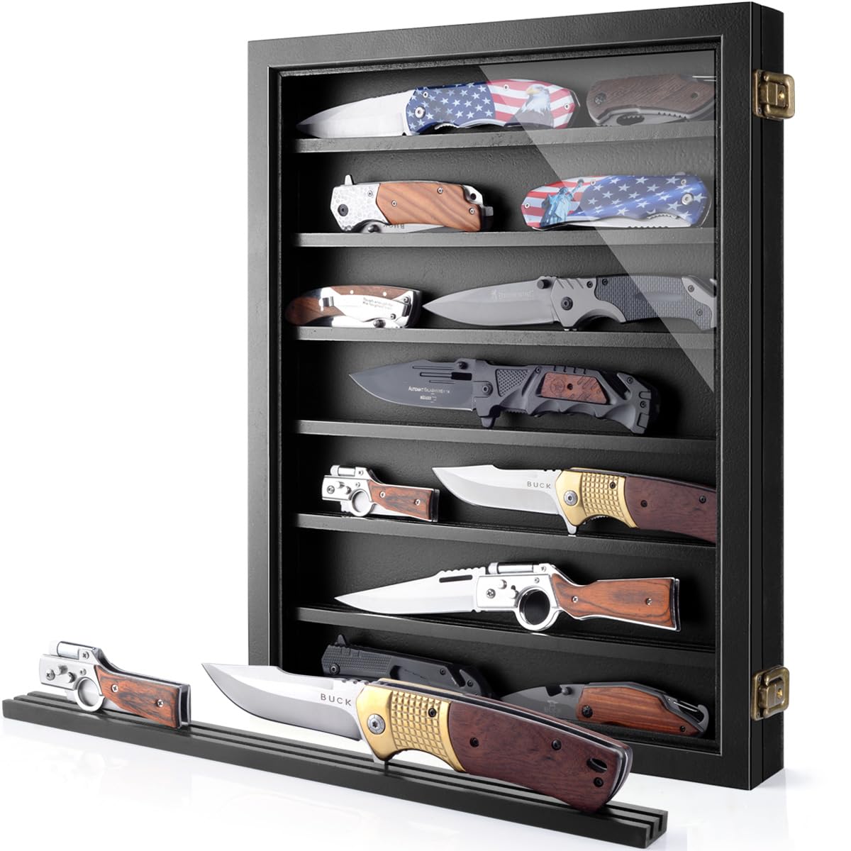 ULTRGEE Pocket Knife Display Case, Knife Collection Display Shadow Box for Wall Military Folding Knife Showcase Display Cabinet with Acrylic Panel and Removable Dual Recessed Shelves