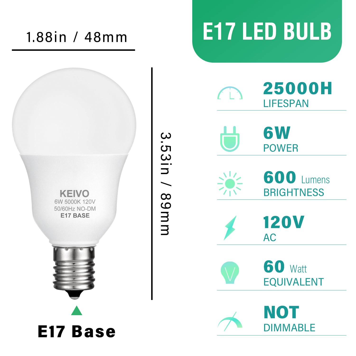 KEIVO E17 Intermediate Base LED Light Bulbs, 6W(60 Watt Equivalent), Daylight 5000K, 600lm, G14 LED Bulb for Ceiling Fan, Non-Dimmable, Pack of 4