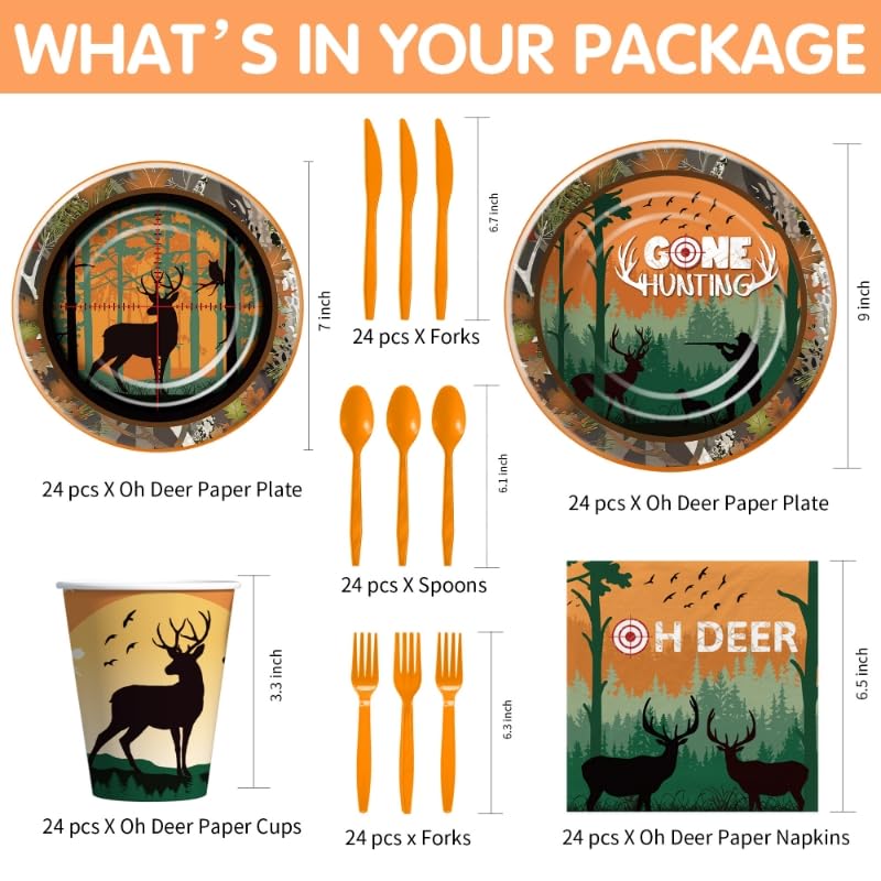 HIPVVILD Hunting Camo Party Decorations Tableware - Oh Deer Hunting Birthday Party Supplies, Paper Plate, Cup, Napkin, Cutlery, Camouflage Camping Hunting Birthday Baby Shower Decorations | Serve 24