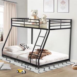 twin over full size bunk bed, heavy duty metal bunk bed frame with inclined ladder, low floor bunk bed for teens adults dorm bedroom guest room, space saving & noise free, no box spring needed, black