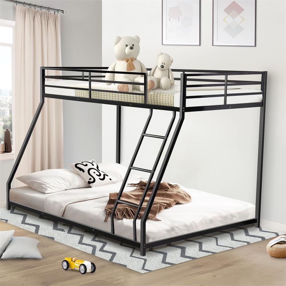 Twin Over Full Size Bunk Bed, Heavy Duty Metal Bunk Bed Frame with Inclined Ladder, Low Floor Bunk Bed for Teens Adults Dorm Bedroom Guest Room, Space Saving & Noise Free, No Box Spring Needed, Black