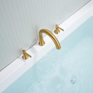 Wowkk Roman Tub Faucet Deck Mount Tub Filler 2 Handles Brushed Gold Bathtub Faucets Brass Bathroom Faucet