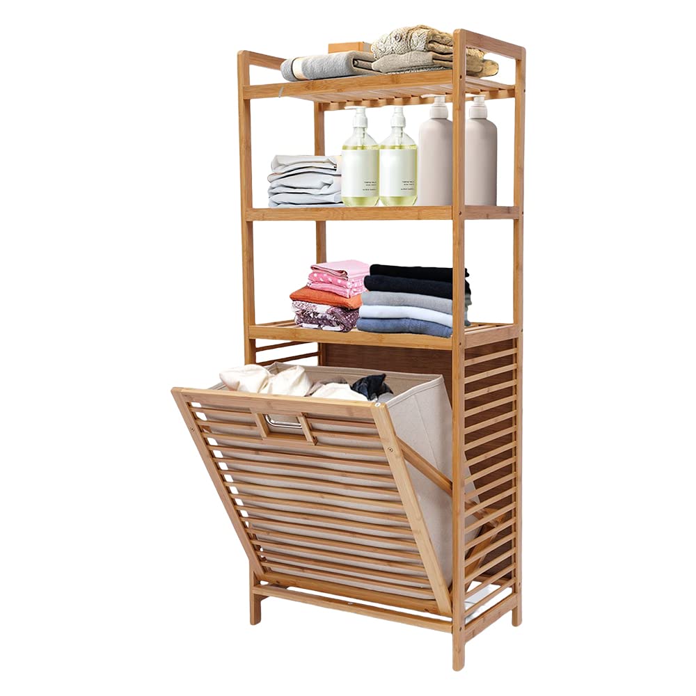 DOONARCES 4-Tier Bamboo Laundry Hamper Tilt Out, Laundry Basket with Shelves &Handle Shower Caddy Shelf Rack Bathroom Cabinet Organizer for Bedroom Laundry Room Bathroom