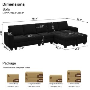 Belffin Large Velvet L Shaped Sectional Sofa Couch with Reversible Double Chaises Modular Sectional Sofa Couch with Storage Ottomans Convertible Sectional Sofa Black