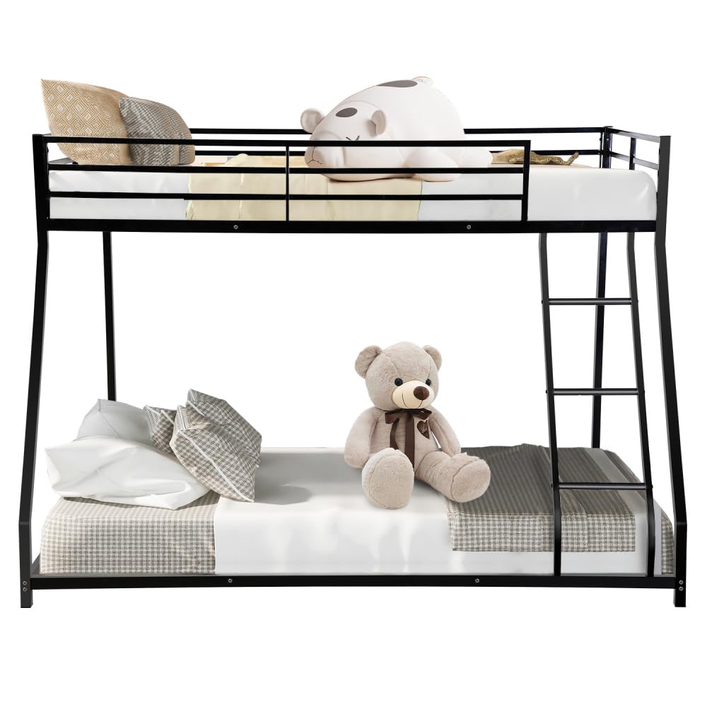 Twin Over Full Size Bunk Bed, Heavy Duty Metal Bunk Bed Frame with Inclined Ladder, Low Floor Bunk Bed for Teens Adults Dorm Bedroom Guest Room, Space Saving & Noise Free, No Box Spring Needed, Black