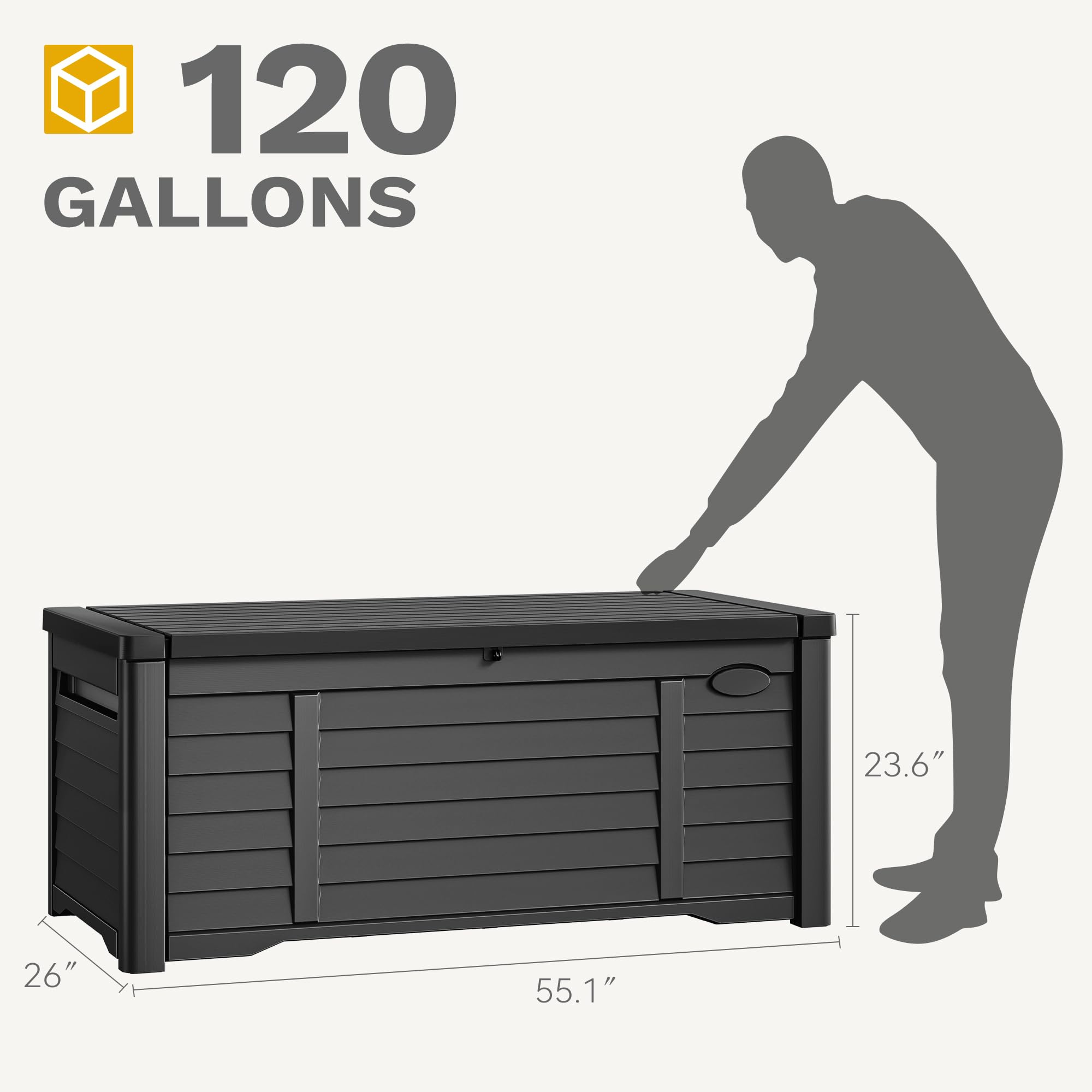 DWVO 120 Gallon Louvered Outdoor Storage Box, Lockable Resin Deck Box for Pillows, Tools, and Pool Supplies - Black