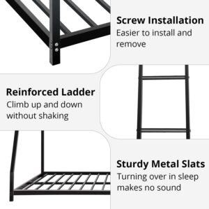 Twin Over Full Size Bunk Bed, Heavy Duty Metal Bunk Bed Frame with Inclined Ladder, Low Floor Bunk Bed for Teens Adults Dorm Bedroom Guest Room, Space Saving & Noise Free, No Box Spring Needed, Black