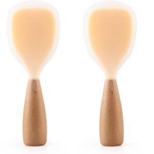 2 pack silicone rice paddle spoon with wood handle, nonstick standing rice cooker spatula kitchen tool