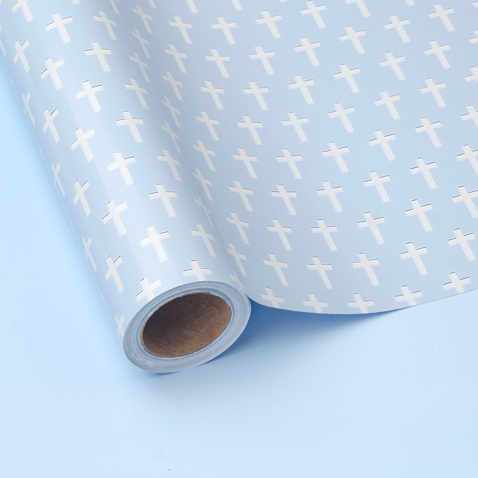 LDGOOAEL Mini Wrapping Paper Roll - Reversible Design (17" X 32.8 Feet) - Blue Cross for Birthday, Baby Shower