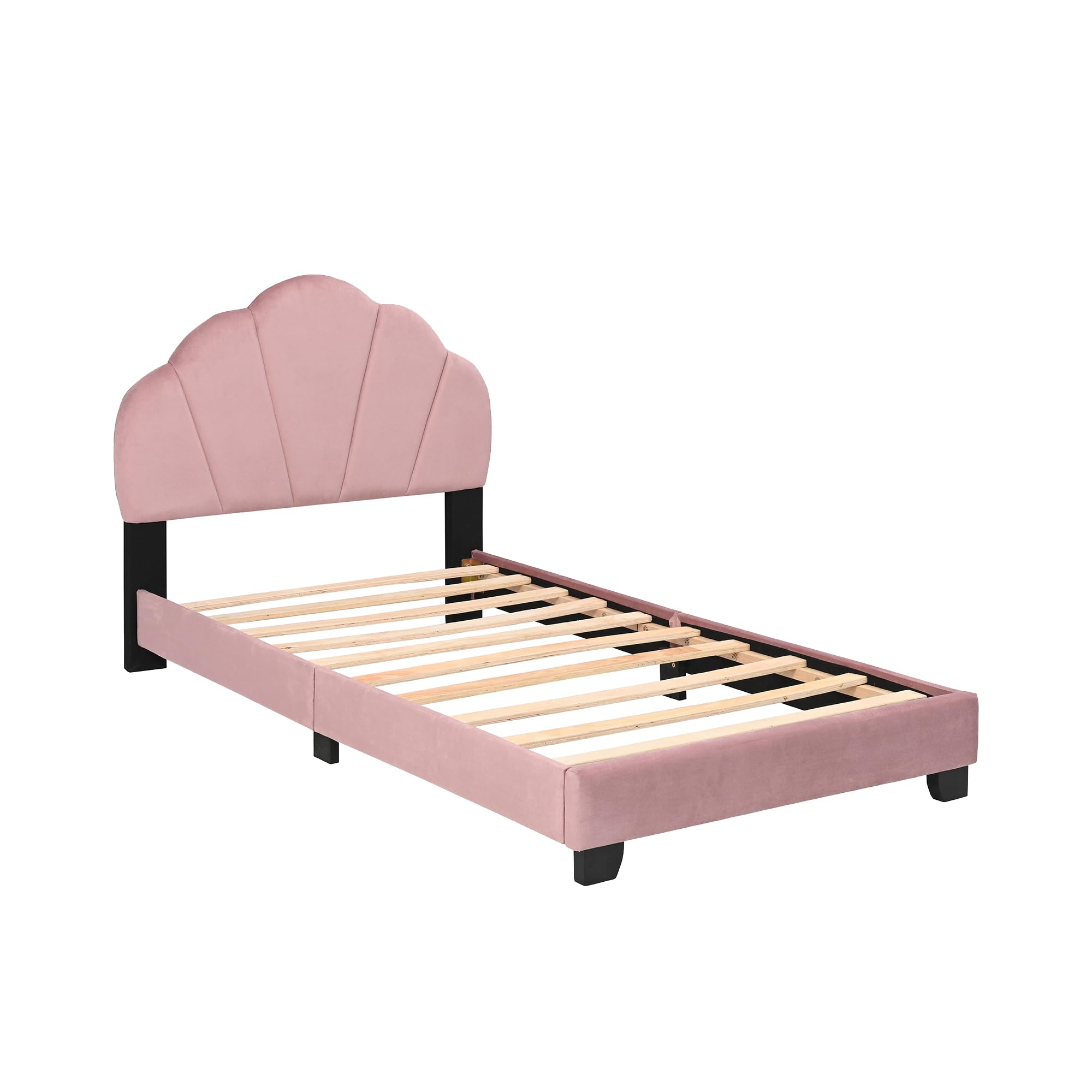 Gustonhon Upholstered Twin Size Platform Bed for Kids,Twin Bed Frame with Slatted Bed Base and Playful Headboard for Teens Girls,No Boxing Spring Needed (Pink)