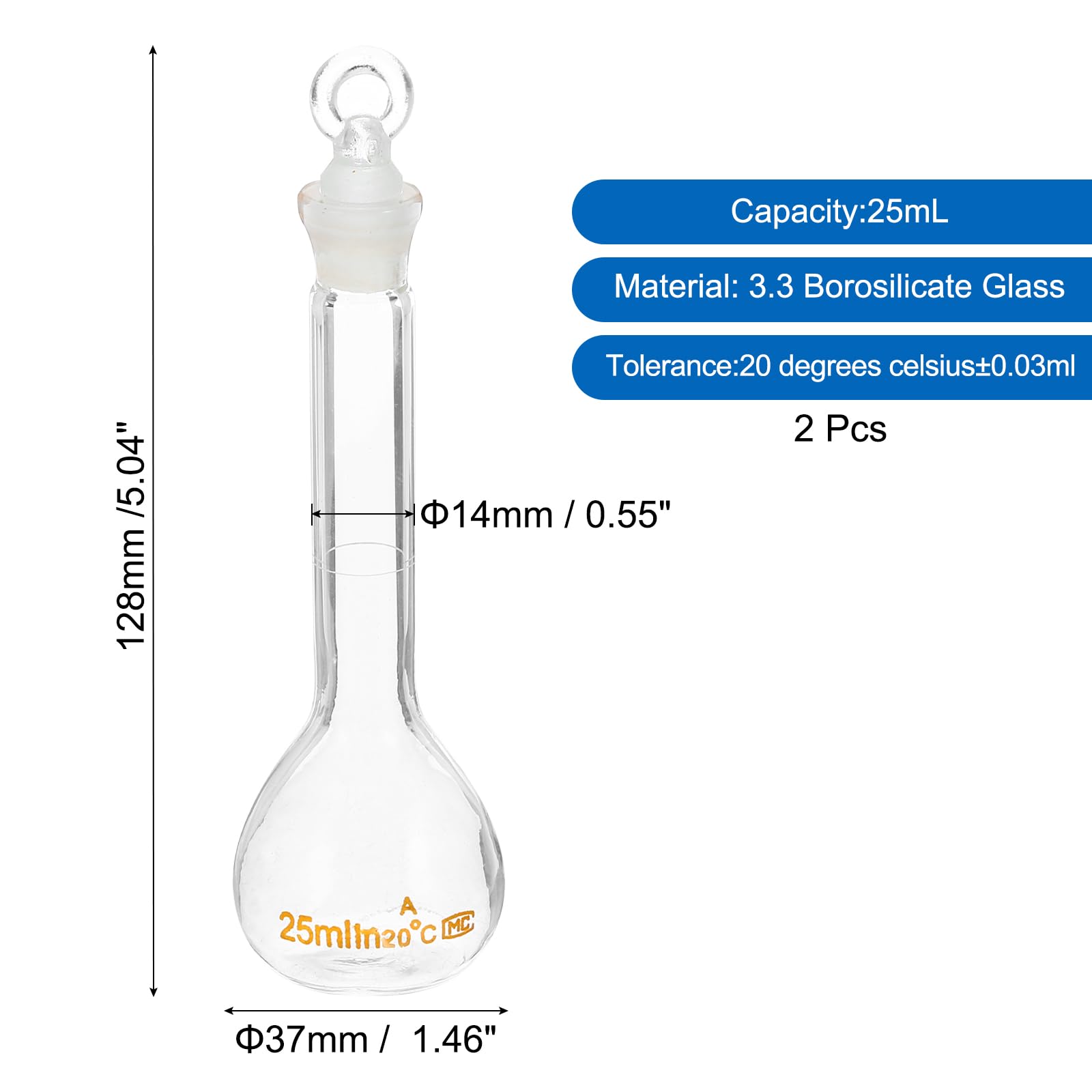 PATIKIL 25ml Volumetric Flask, 2Pcs 3.3 Borosilicate Glass Graduated Volumetric Measuring Flask with Glass Stopper Tolerance 0.16ml for Lab Experiment, Clear