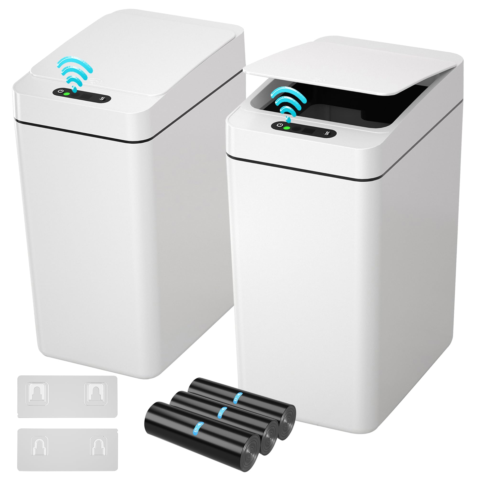 kaylowe Automatic Bathroom Trash Can 2.6 Gallon Touchless Garbage Cans with Lid 2 Pack Small Slim Motion Sensor Smart Trash Bin for Bedroom, Bathroom, Office, Kitchen, Living Room, White