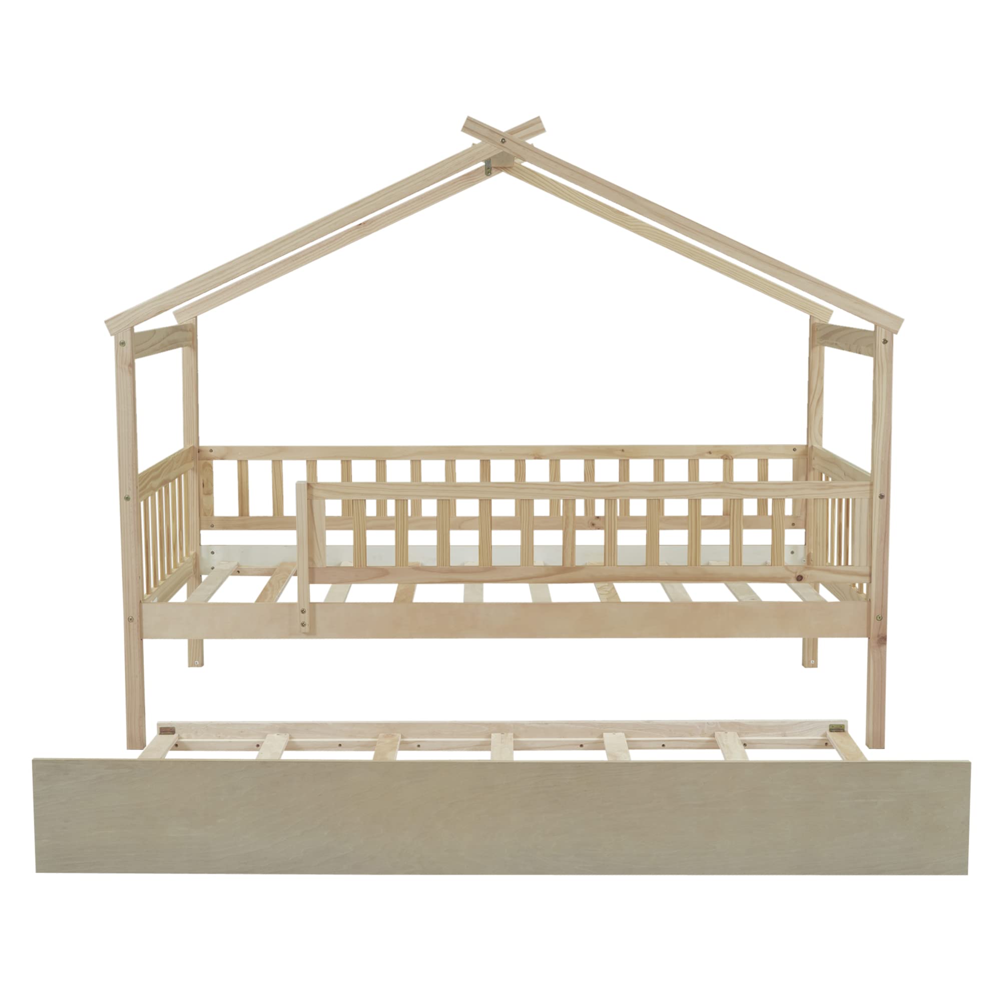 Twin Size House Bed with Trundle, Wooden Playhouse Kids Bed Frame with Roof and Fence, Montessori Style Bed with Guardrails for Kids, Teens, Boys, Girls, Natural.