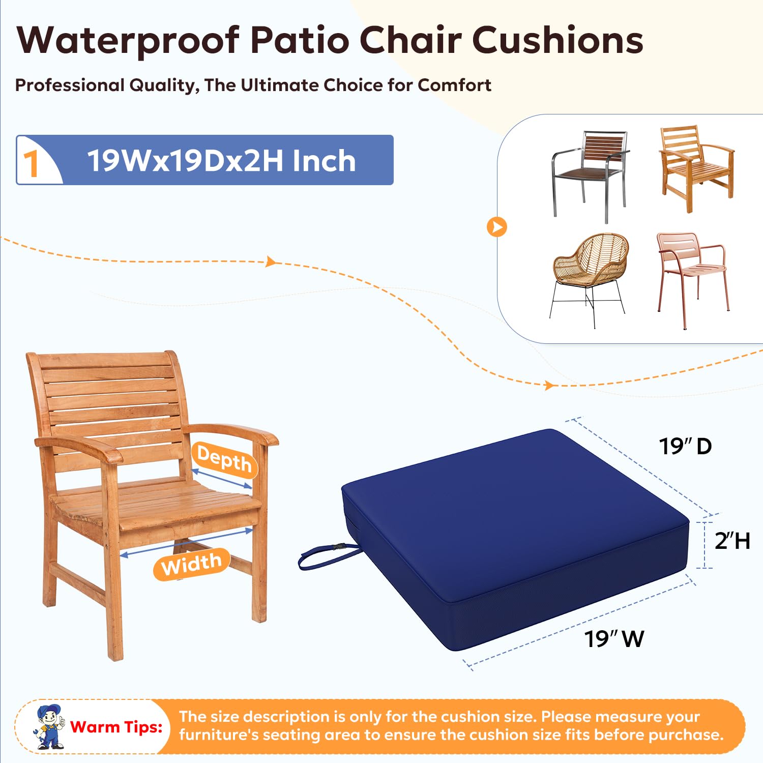 Gorpche Outdoor Chair Cushions, Waterproof Patio Chair Cushions Set of 2, Square Removable Outdoor Seat Cushions for Patio Furniture with Attach Straps, Foam and Hidden Zipper, 19 x 19 x 2 Inch, Blue