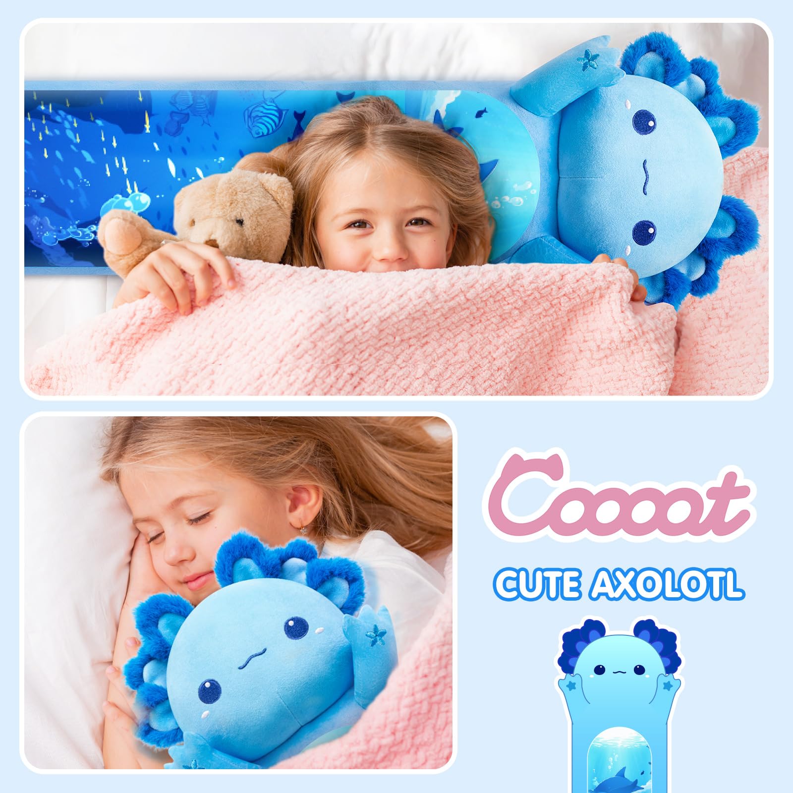 Caaaat Long Axolotl Plush, 20″ Cute Blue Axolotl Body Pillow - Long Axolotl Stuffed Animals Soft Kids Plushie Pillow Toys for Girls (Small)