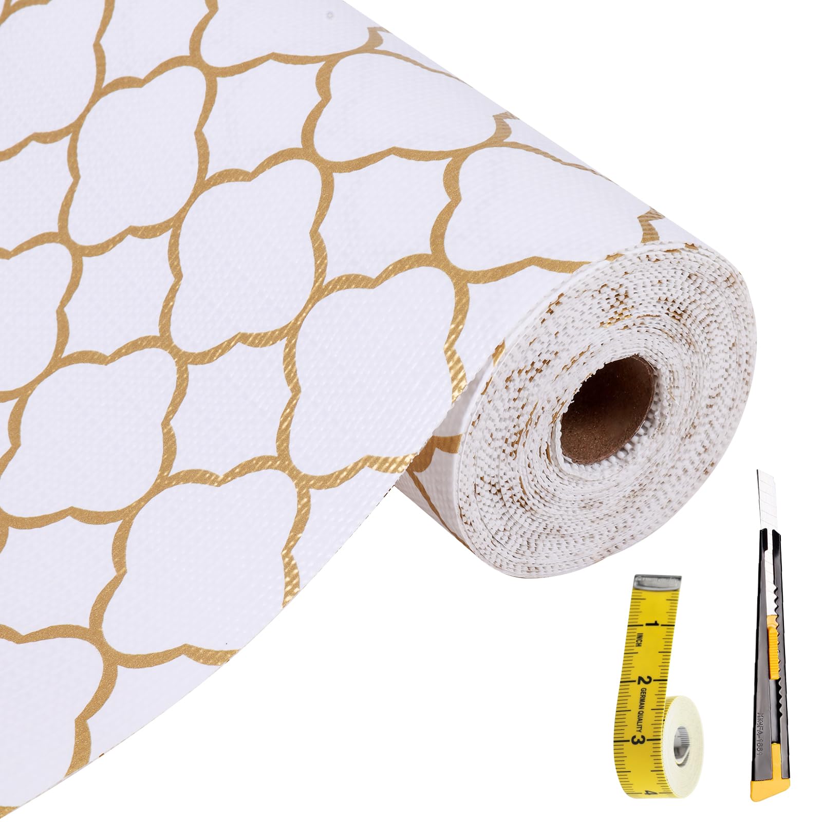 Shelf Liners for Kitchen Cabinets 12in x 20FT Non Adhesive Drawer Liner Gold Quatrefoil Thickened Shelf Liner Paper Strong Non-Slip Easy to Clean for Tool Box Refrigerator with Knife and Tape Measure