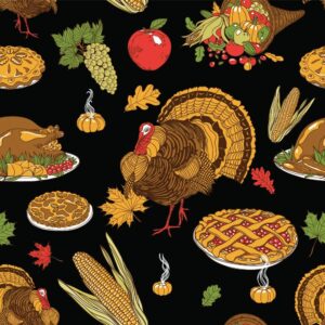 generic 45 x 36 fall autumn thanksgiving turkey pie gourds corn pie on black 100% cotton fabric