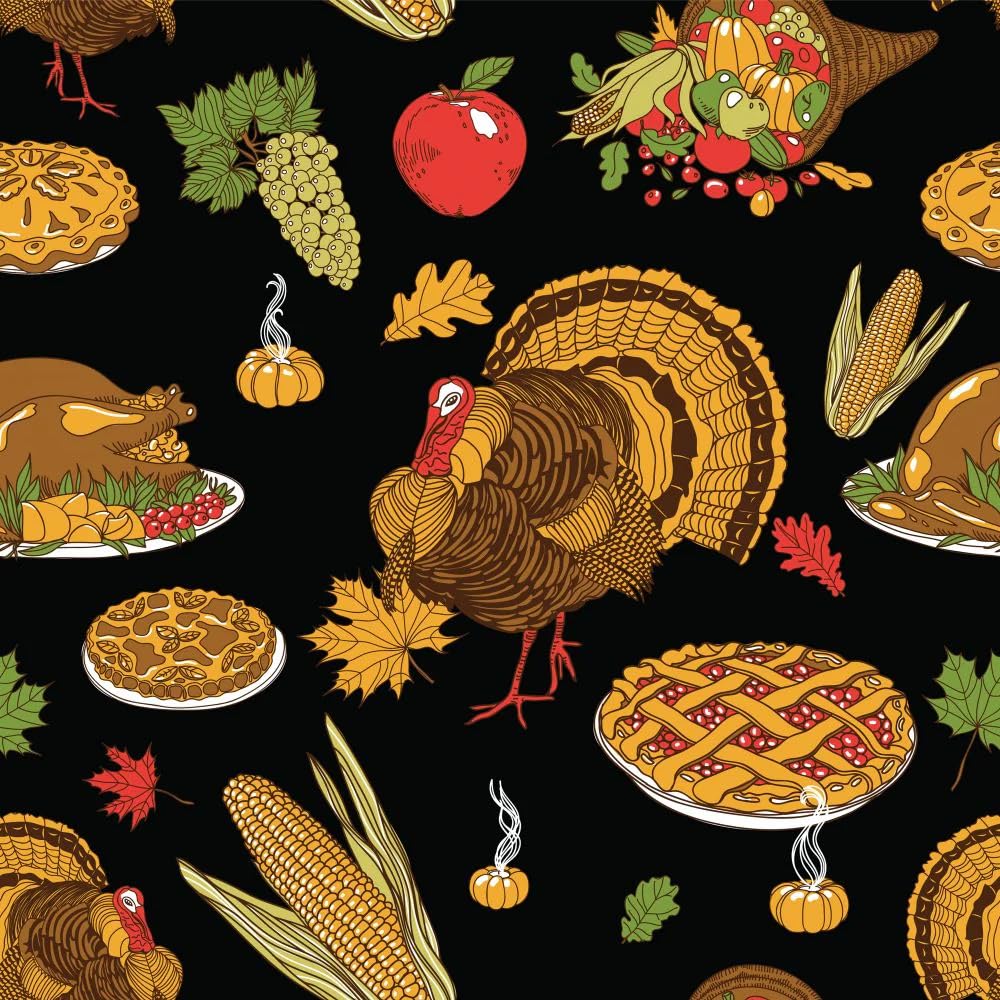 Generic 45 x 36 Fall Autumn Thanksgiving Turkey Pie Gourds Corn Pie on Black 100% Cotton Fabric