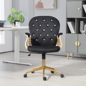 cayglow Velvet Home Office Desk Chair Comfy with Gold Base, Comfortable Swivel Makeup Chairs for Vanity with Back and Wheels, Button Tufted Armchair Rolling Chair for Girls Women Study Bedroom, Black